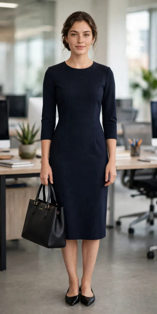 Ava Thompson wearing a navy midi dress with three-quarter sleeves and black pointed flats in a bright modern office — how to choose midi dress for work USA