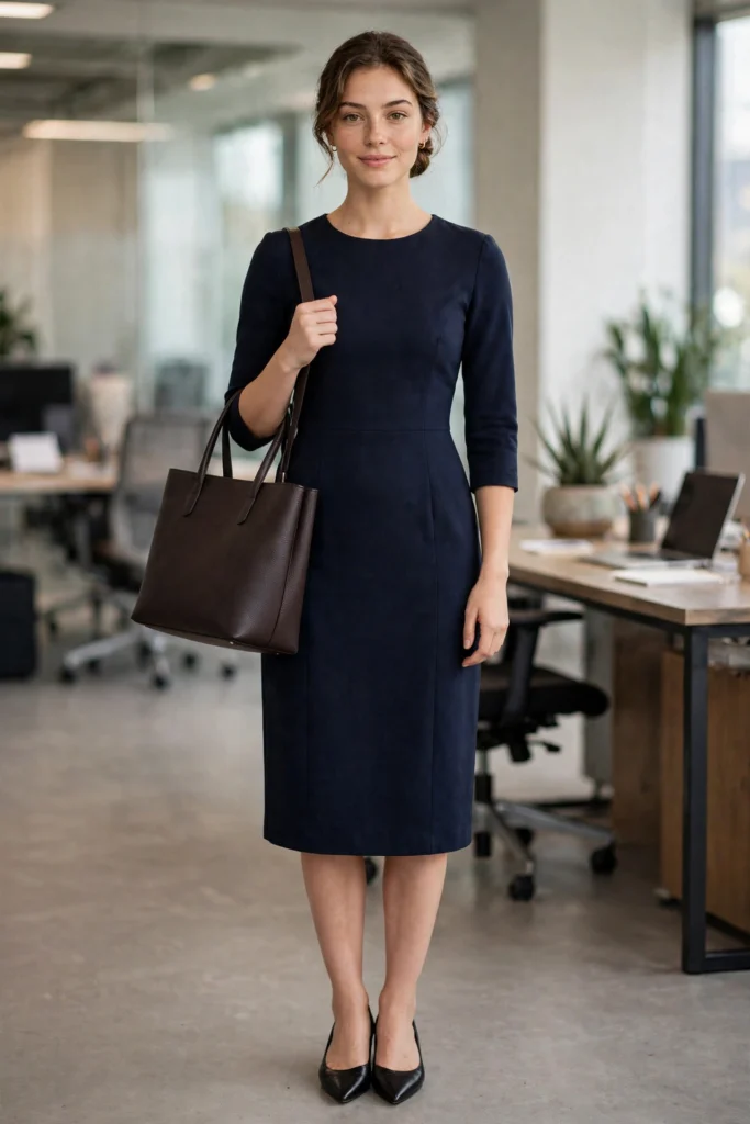 Ava Thompson wearing a navy midi dress with three-quarter sleeves and black pointed flats in a bright modern office — how to choose midi dress for work USA