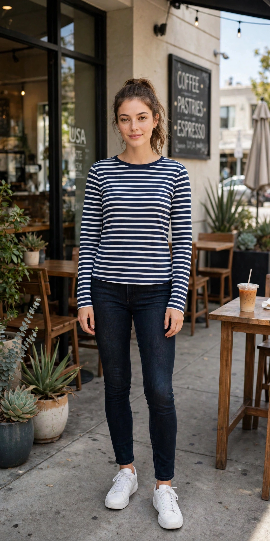 Slim women's jeans fit guide USA with striped top