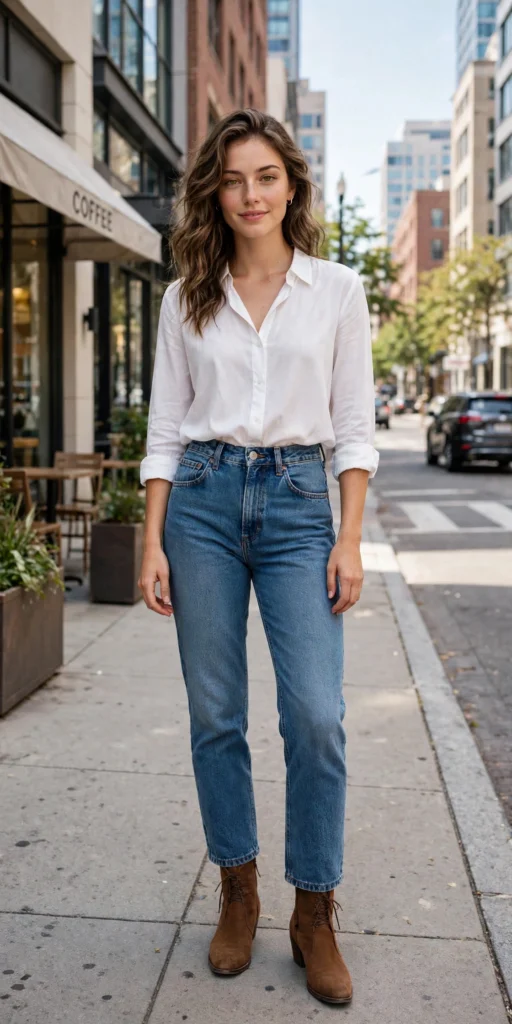 Women's jeans fit guide USA — straight-leg jeans with a white blouse