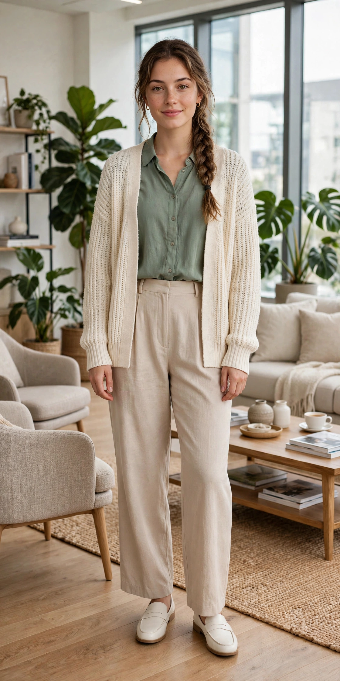 Ava Thompson wearing a sage green blouse with beige trousers and a cream cardigan in a bright office lounge