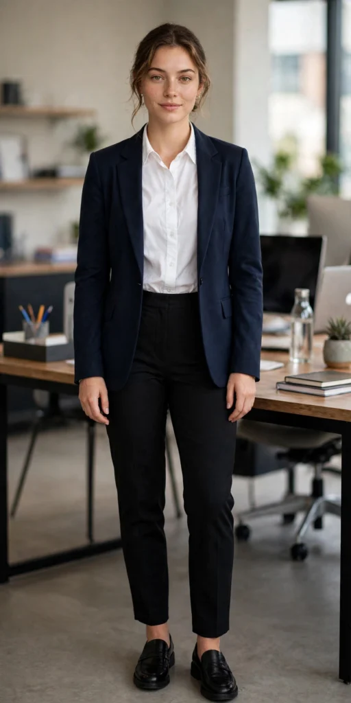 Ava Thompson wearing a white button-up blouse tucked into black tailored trousers with a blazer in a modern office