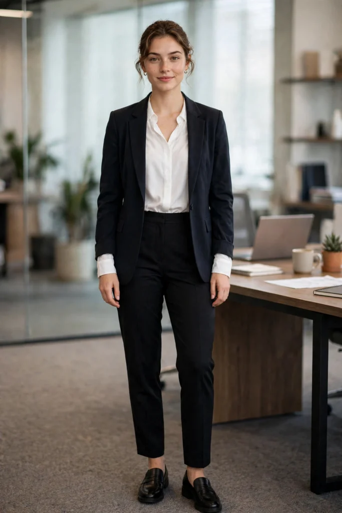 Ava Thompson wearing a white button-up blouse tucked into black tailored trousers with a blazer in a modern office