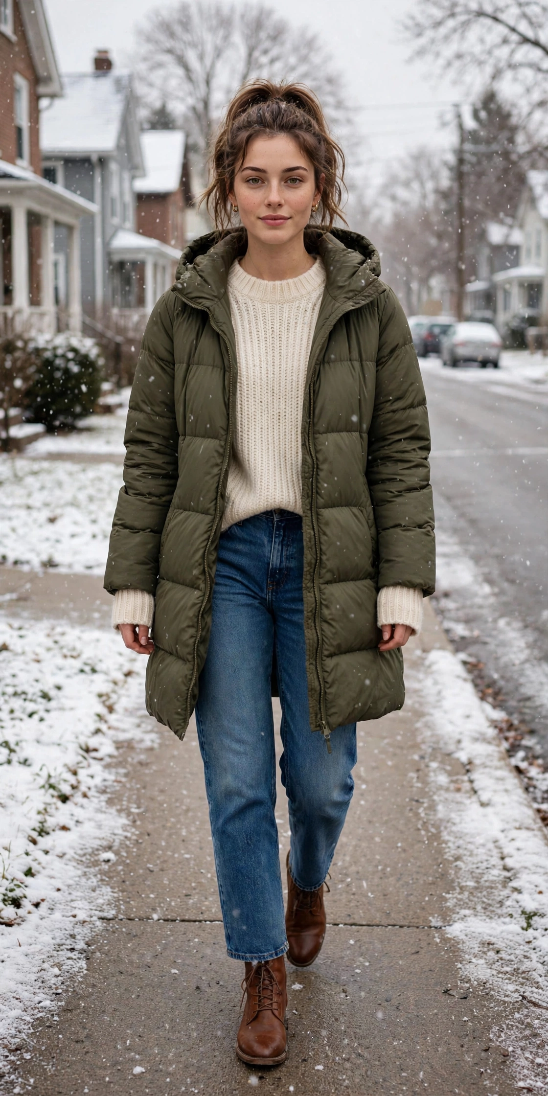 Woman in an olive puffer coat and jeans on a winter street