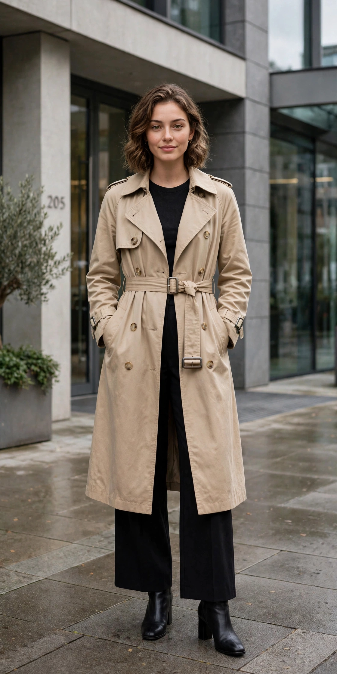 Woman wearing a midi beige trench coat outside an office building