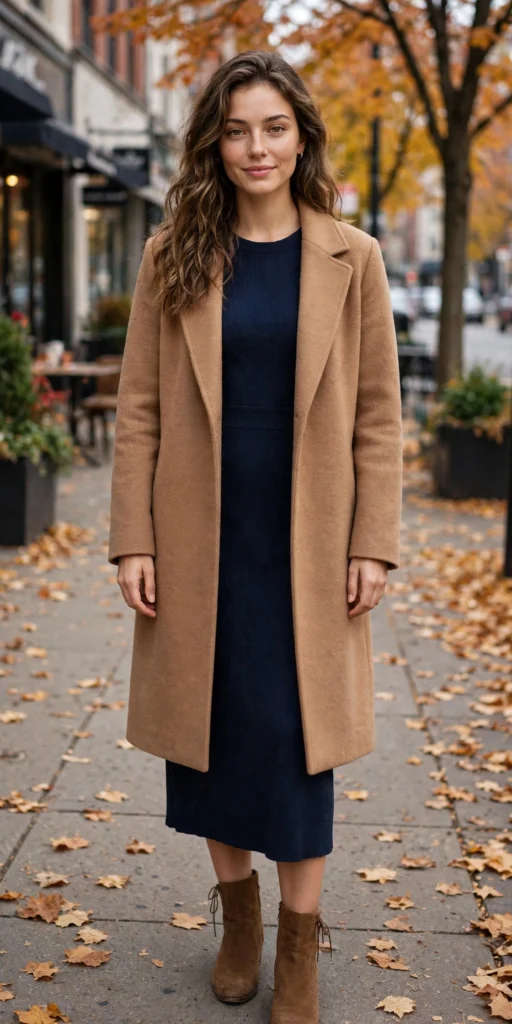 Woman wearing a camel knee-length wool coat