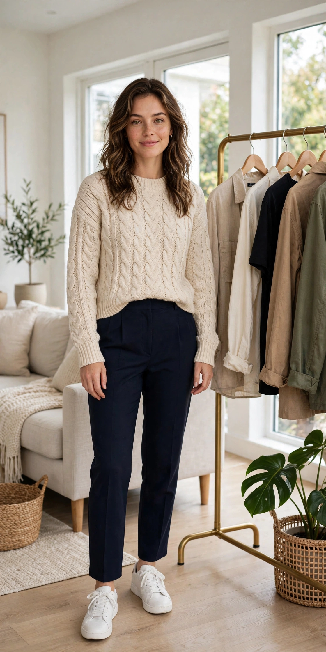 Ava Thompson wearing a cream knit sweater and navy tailored trousers in a bright modern living room with a capsule wardrobe rail — women's fashion basics USA