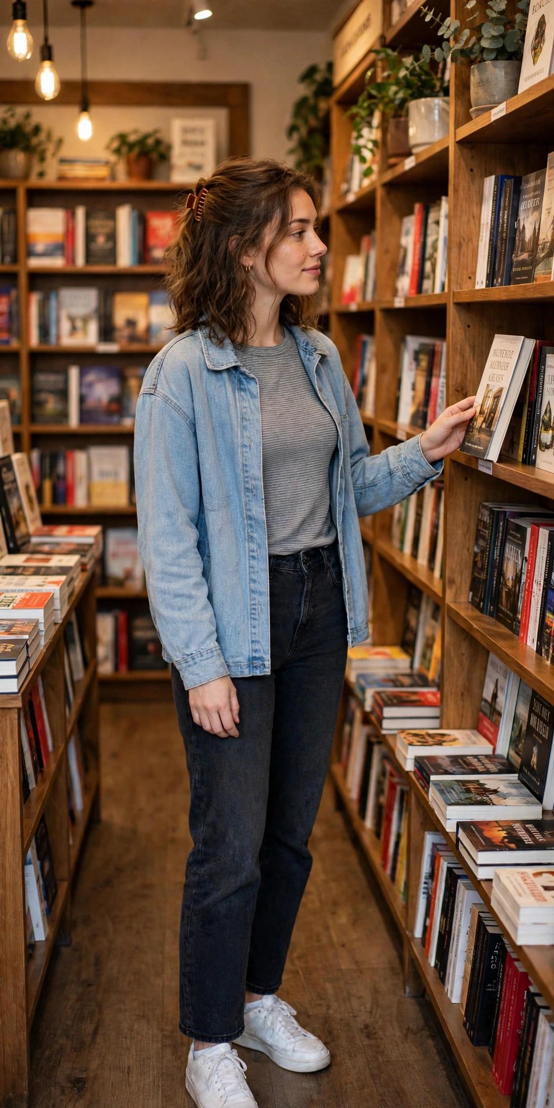 Ava Thompson wearing a grey striped top and dark straight jeans with a denim jacket in a cozy bookstore