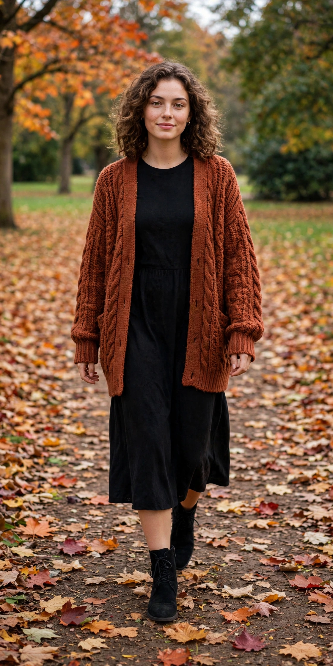 Woman wearing a rust open-knit cardigan over a dark top outdoors in autumn
