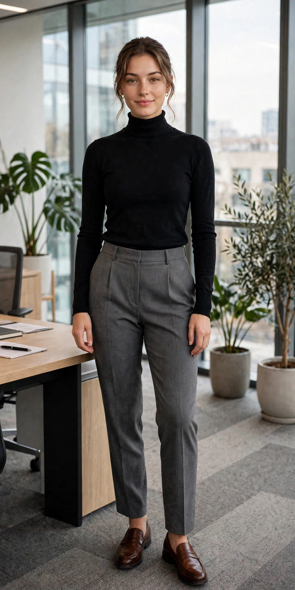 Woman wearing a fitted black turtleneck sweater indoors