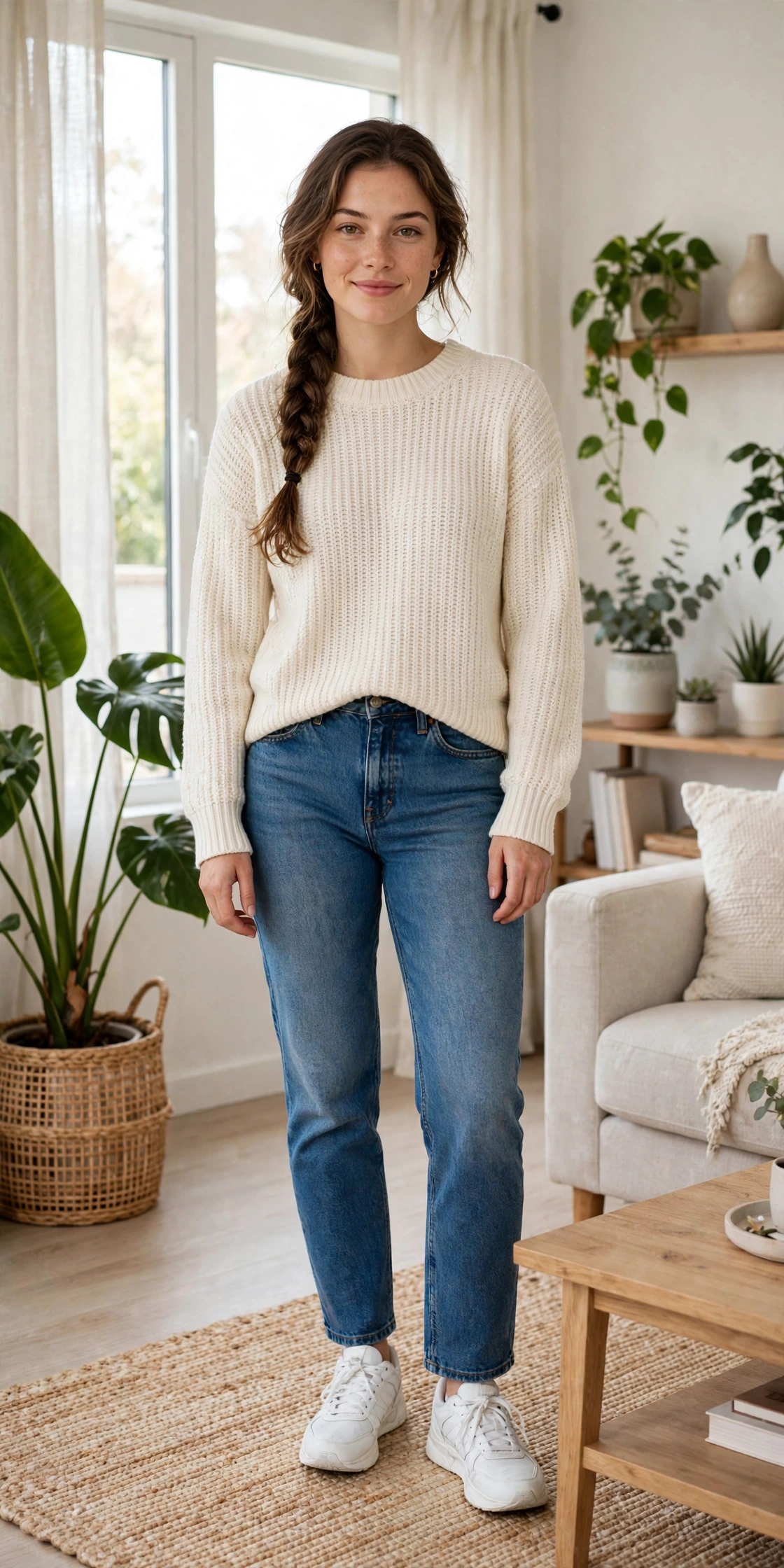 Woman wearing a cream knit sweater with a relaxed, well-fitting shoulder line